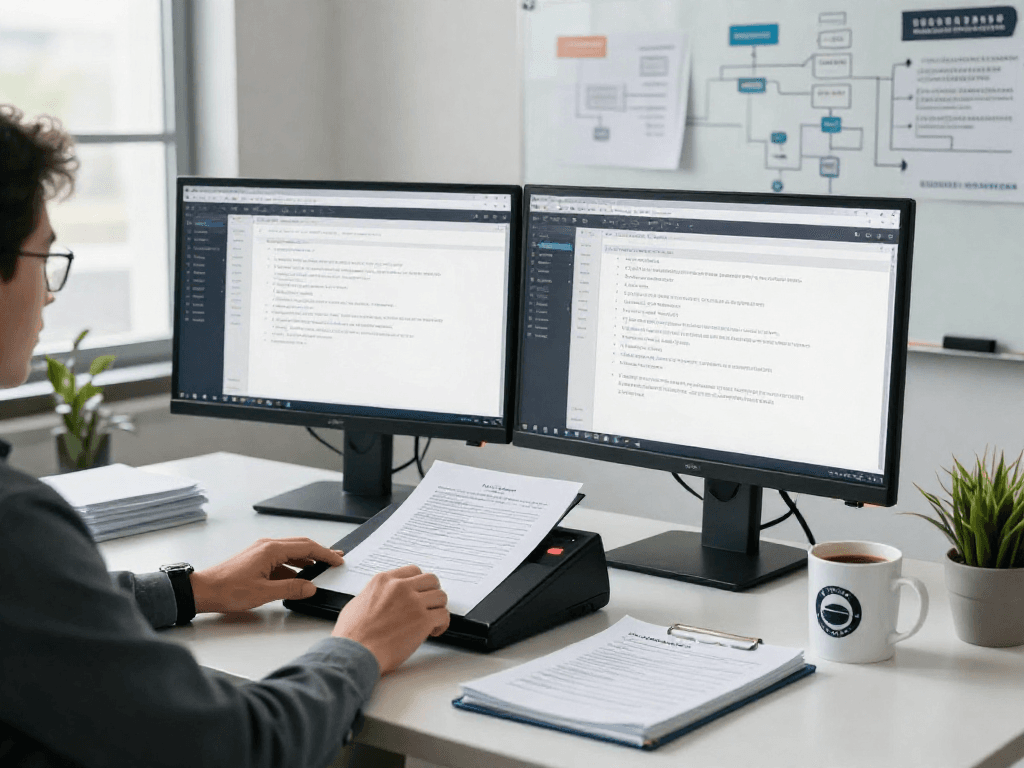 Professional workspace focused on document fraud detection with analyst using dual monitors and scanning technology.