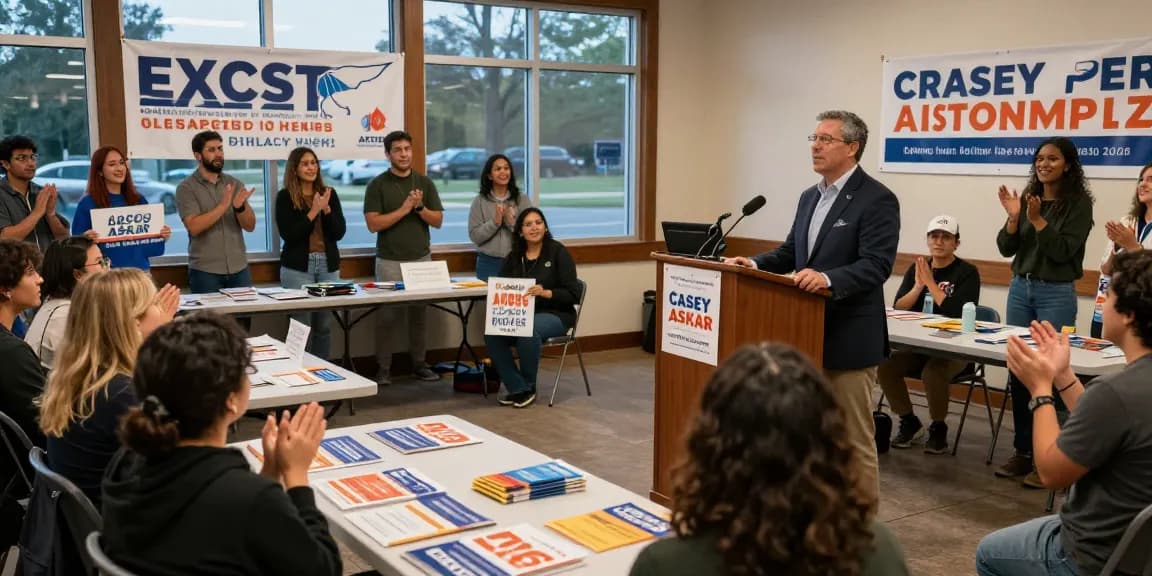 Casey Askar speaking at a community town hall, showcasing political engagement and transparency
